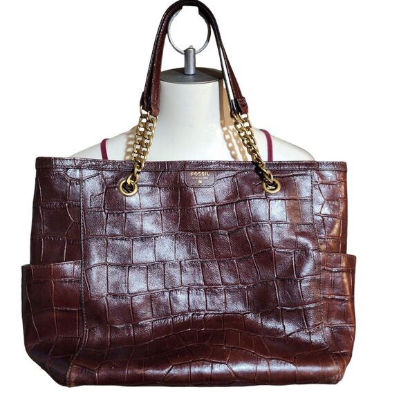 FOSSIL MIMI SHOPPER DARK BROWN CROCODILE LEATHER TOTE,GOLD CHAIN SHOULDER BAG - Picture 1 of 16